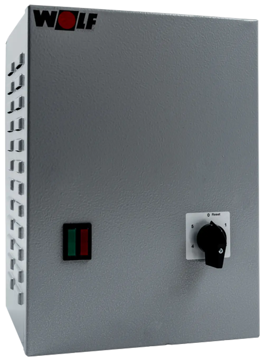 Wolf Steuerungseinheit mit einem Wahlschalter und zwei LED-Anzeigen in einem grauen Gehäuse für elektronische Anwendungen.